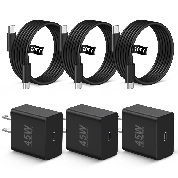 45W USB C Fast Charger, 3-Pack Type C Super Fast Charging Wall Charger Block with Long 10FT USB-C to C Cable for Samsung Galaxy S25 Edge/S25/S24/S23/S22 Ultra, Z Fold 7/Z Flip 7 FE, Tablet, Android